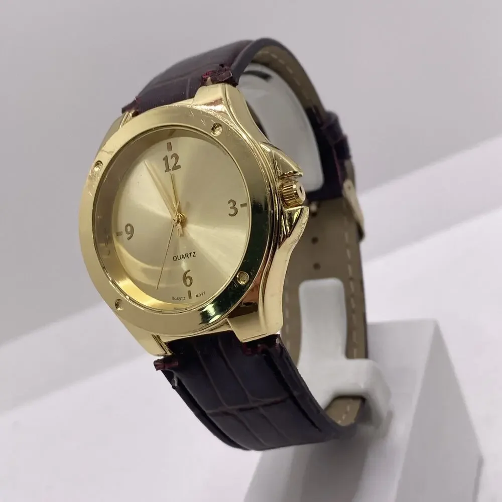 Mens Gold Tone Brown Leather Watch New Battery